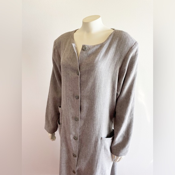 Ann Everett Herringbone Gray Wool Long Custom Pea Coat Button Down - Picture 10 of 16